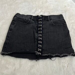 Express black jean mini skirt hook and eye close distressed hem size 2